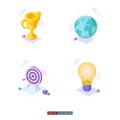 Trendy flat illustration set. Golden cup. Green globe. Archery target. Light bulb.